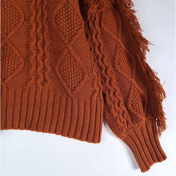 ANA Cable Knit Sweater Petite Small Bishop Sleeve Rust Orange Fringe Bohemian - Picture 5 of 13